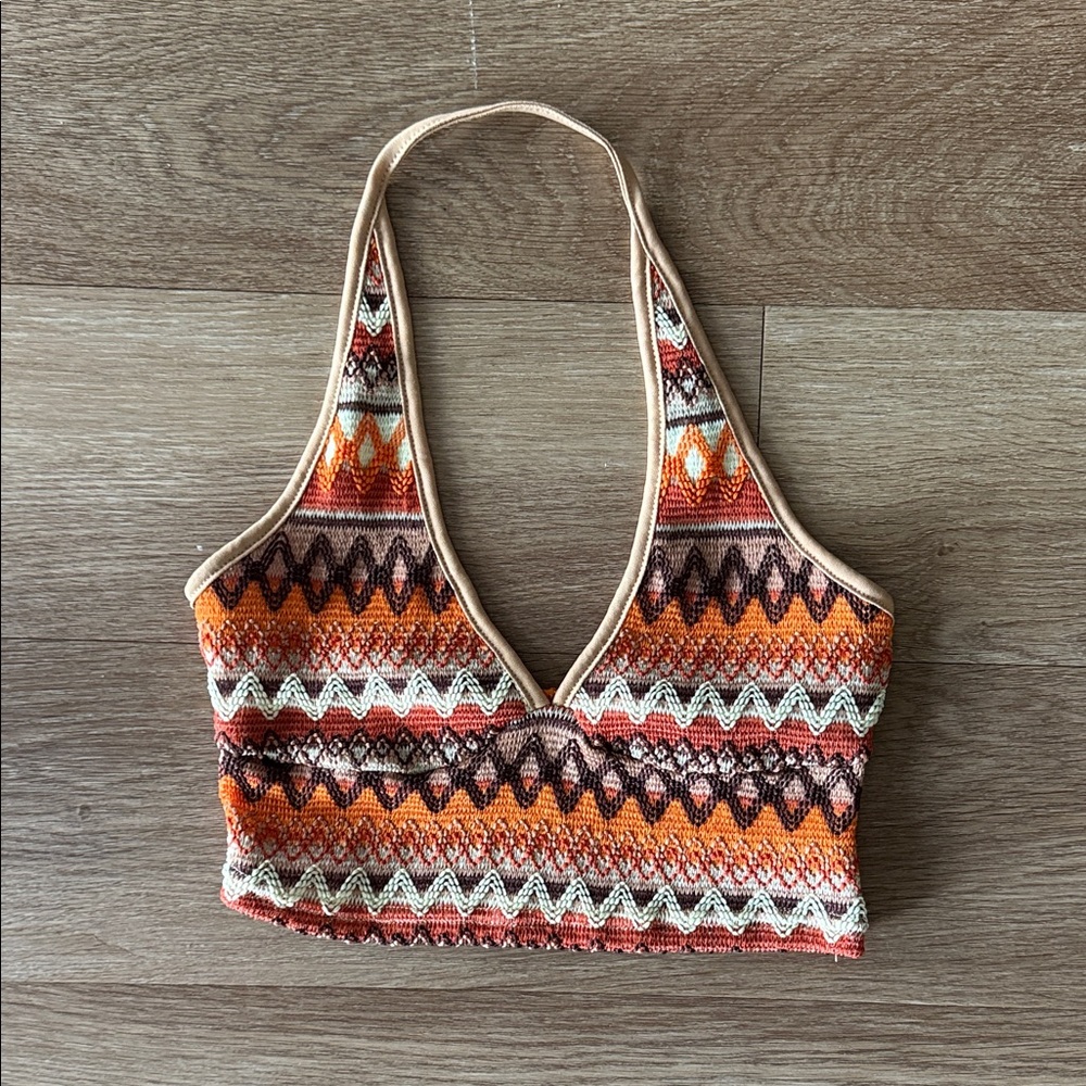 Boho 80s Halter Neck Top - Orange and Brown